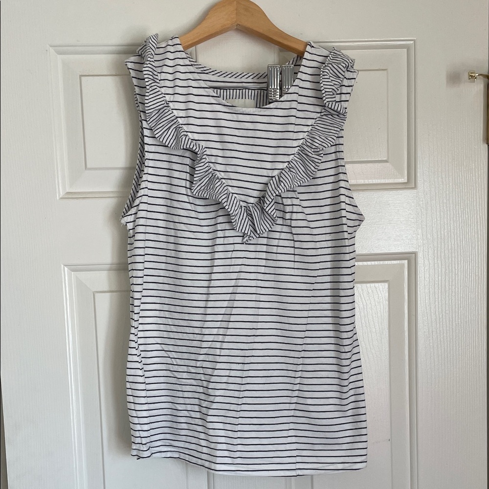 Maeve Black and White Striped Ruffle Tank Top